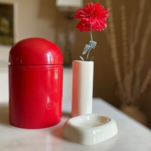 Vintage 1980s red and almond (cream) bathroom accessories